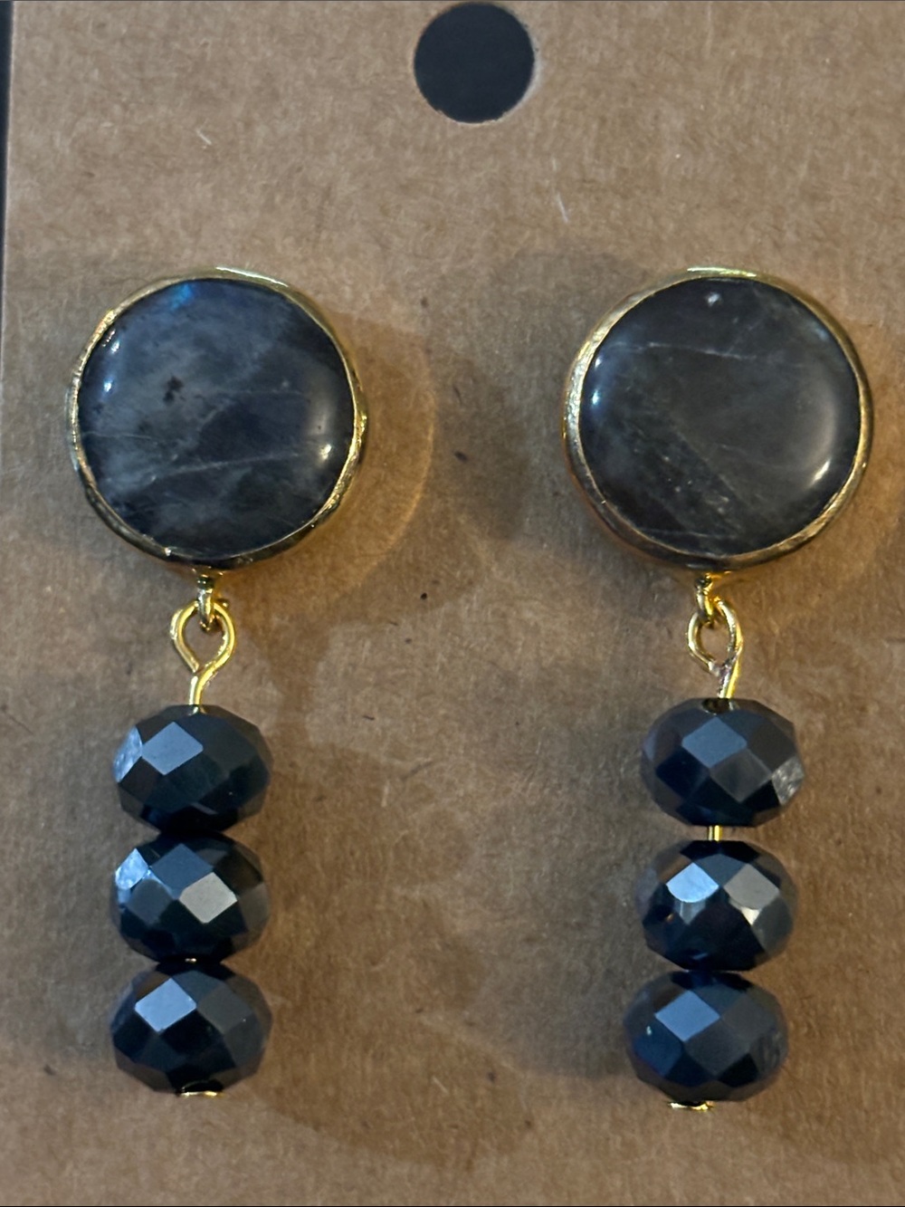 Handmade Grey Laborite Gold-Trim Earrings with Faceted Glass Bead Dangles